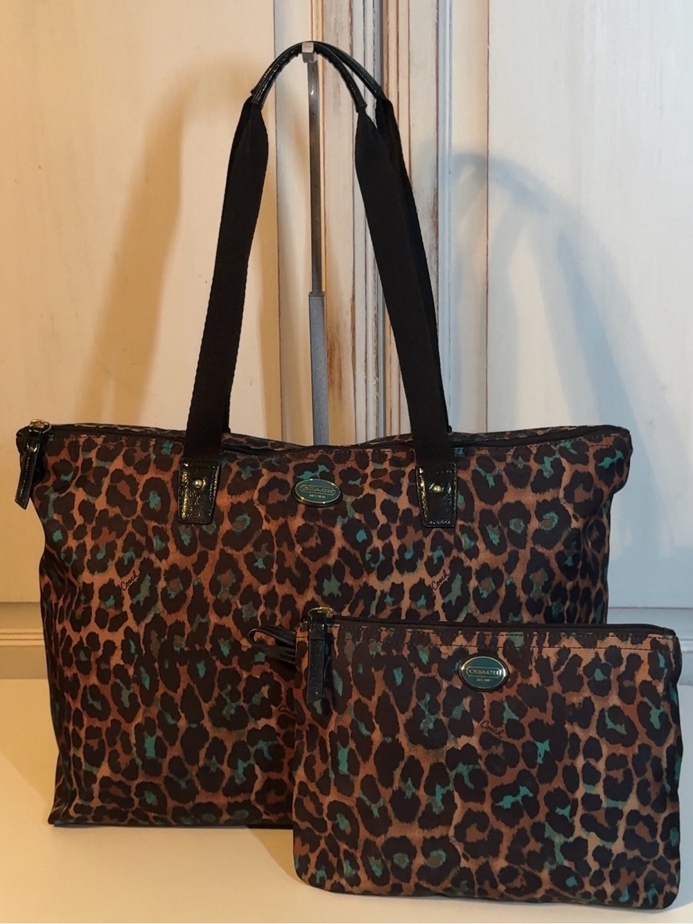 Coach Leopard-Print Tote & Pouch – Brown with Teal Accents GETAWAY 
WEEKENDER
